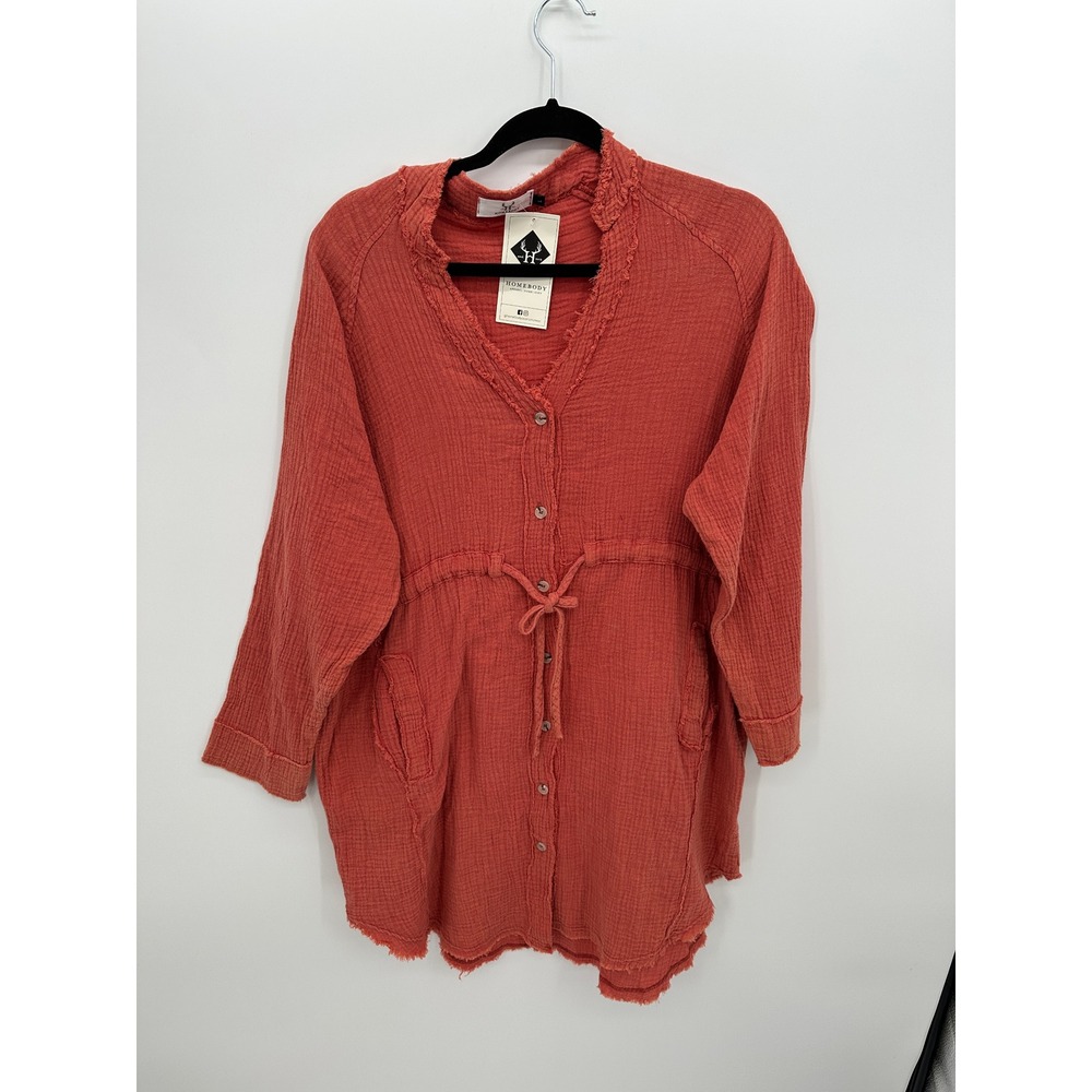Homebody Double Gauze Cotton Tunic Top Boho Cottagecore Pockets Coral L